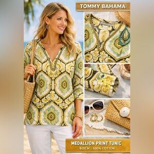 Tommy Bahama Yellow and Light Blue Medallion V-Neck Tunic